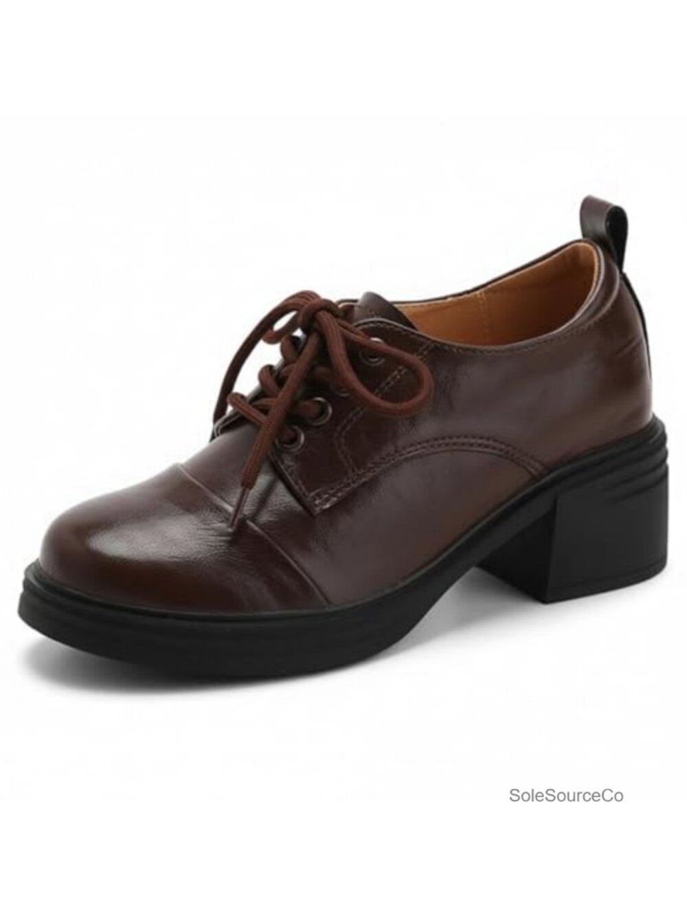Women's Leather Lace Up Chunky Heel Oxfords Round Toe Block Heel Office Shoes